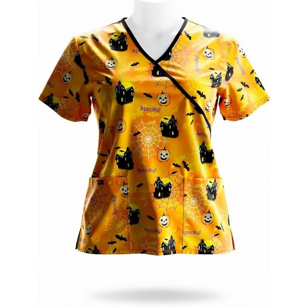Misses Size M Halloween Haunted House Pumpkins Bats Scrub Top